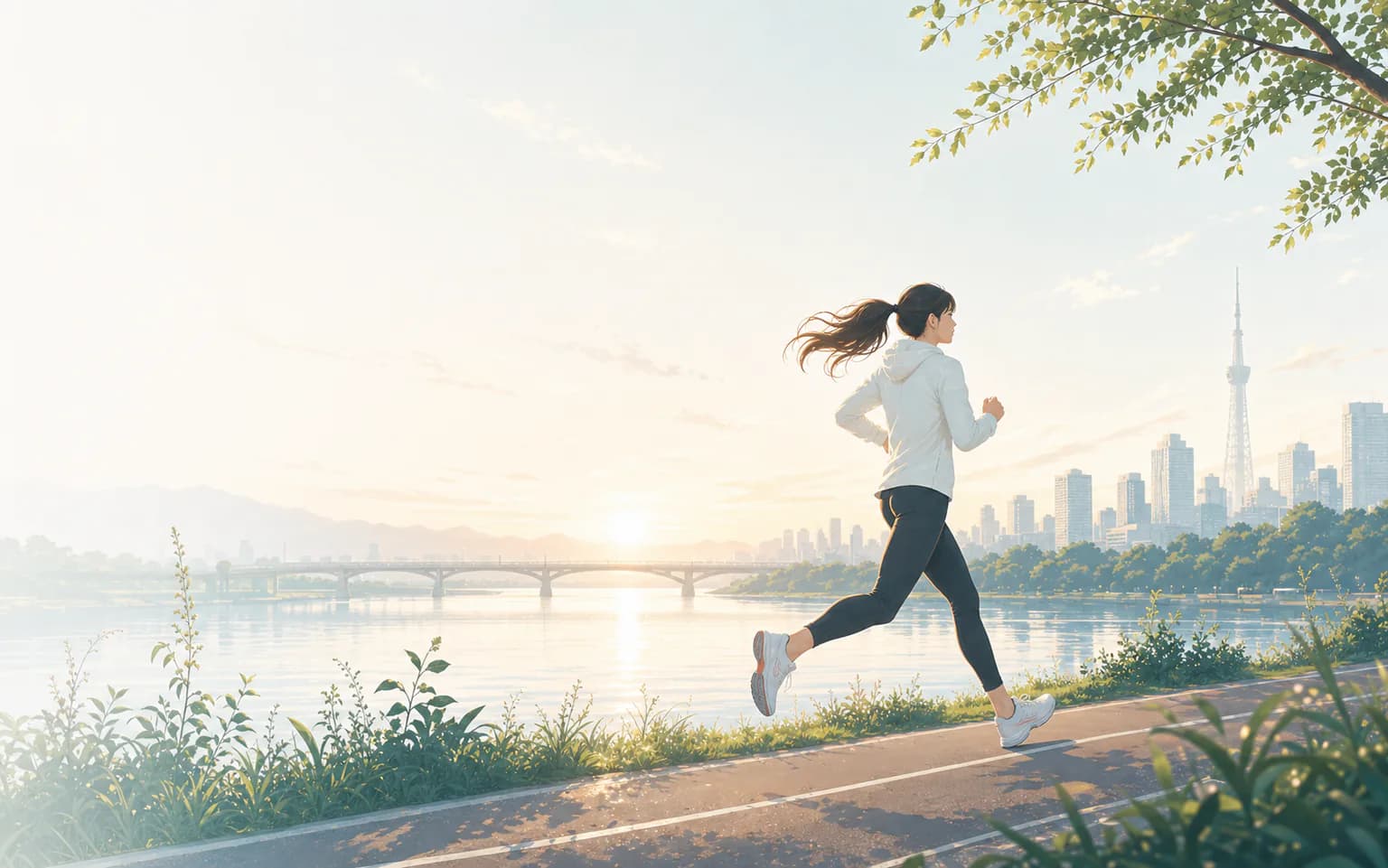 A woman running with music beside a Tokyo river in the soft morning light